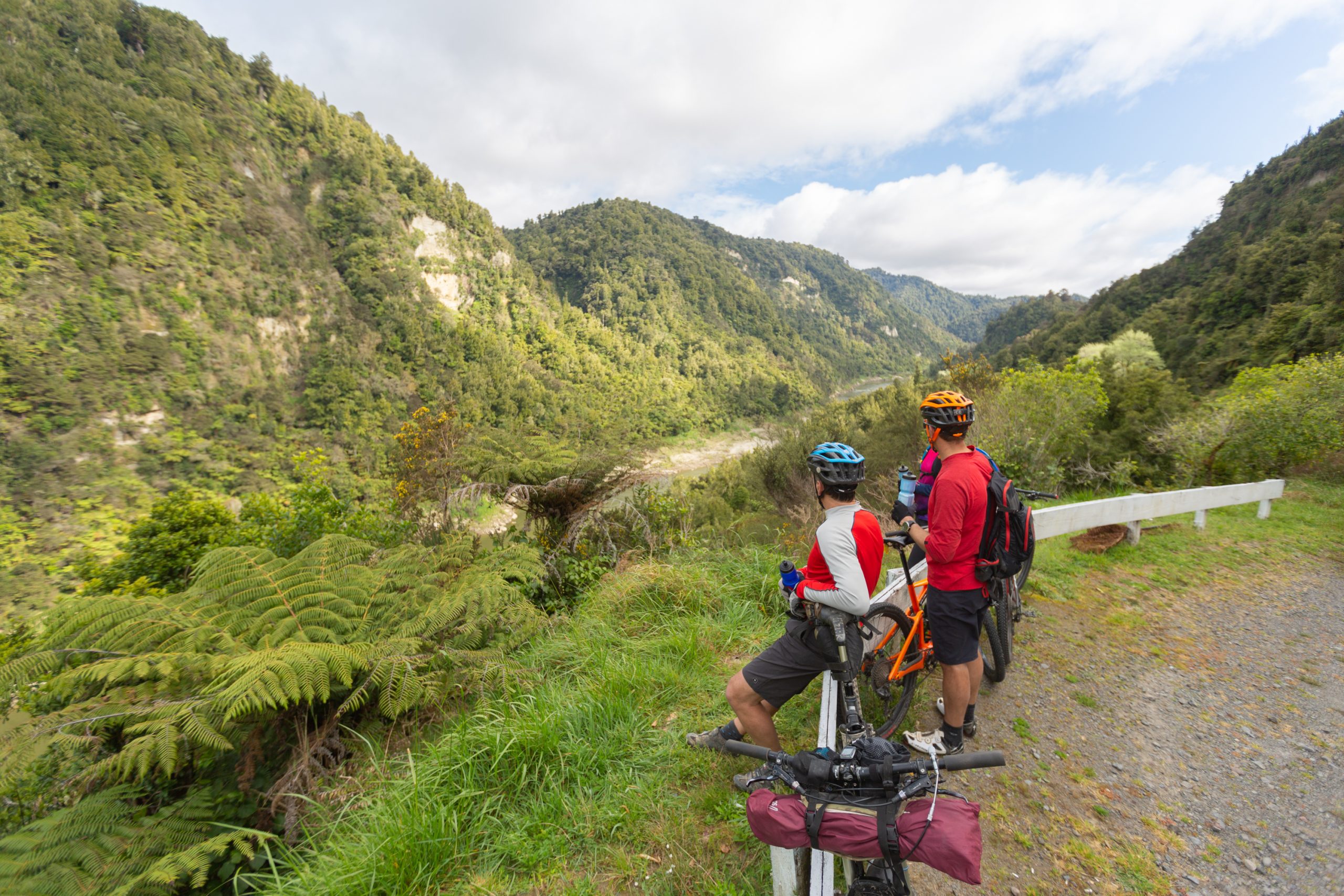Two mountain bikers taking a break and enjoying the view of the Whanganui River valley